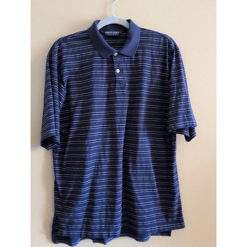 Polo Ralph Lauren Navy Striped Polo Shirt Men's Med lightweight Puma Cotton GUC